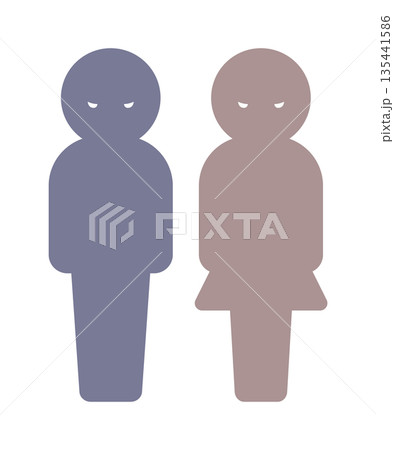 怖い顔で睨む男女のシルエットアイコン - 二人の悪い人や犯人･虐待やいじめ･監視のイメージイラスト 135441586