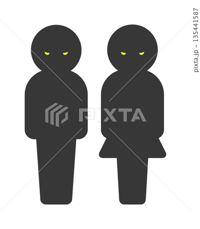怖い顔で睨む男女のシルエットアイコン - 二人の悪い人や犯人･虐待やいじめ･監視のイメージイラスト 135441587