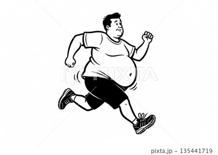 ダイエットのために一生懸命走る肥満男性の白黒イラスト 135441719