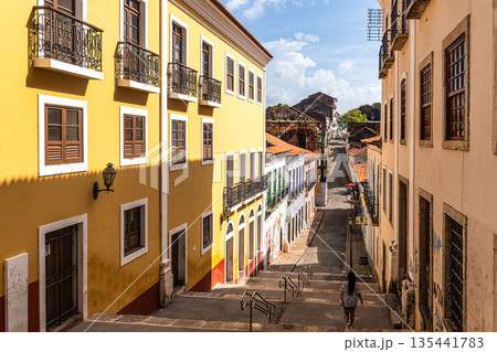 Sao Luis, Brazil - Jan 11, 2026: Traditional Portuguese architecture and staircase on Rua da Palma street in Sao Luis, Brazil Sao Luis, Brazil - Jan 11, 2026: Traditional Portuguese architecture and staircase on Rua da Palma street in Sao Luis, Brazil 135441783