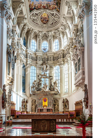 Passau, Germany - Apr 16, 2025: Interior of St. Stephans cathedral in Passau, Germany with famous organ pipes 135441950