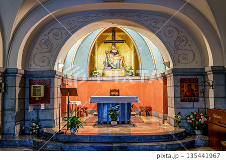 Lourdes, France - Sep 28, 2025: Interior of the Chapel of Our Lady of Sorrows in Lourdes, France Lourdes, France - Sep 28, 2025: Interior of the Chapel of Our Lady of Sorrows in Lourdes, France 135441967
