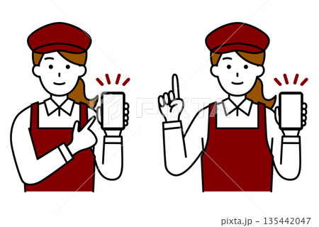 スマホの画面を見せるカフェの女性店員　セット 135442047