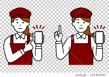スマホの画面を見せるカフェの女性店員　セット 135442047