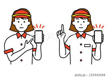 スマホの画面を見せるファストフード店の女性店員　セット 135442048