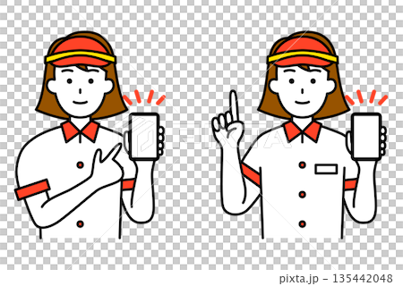 スマホの画面を見せるファストフード店の女性店員　セット 135442048