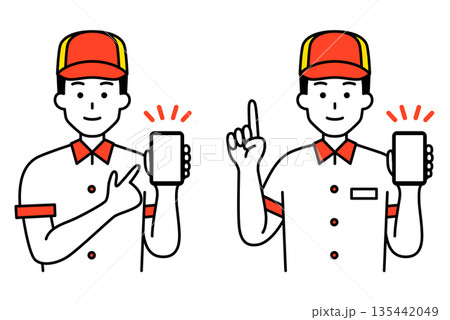 スマホの画面を見せるファストフード店の男性店員　セット 135442049