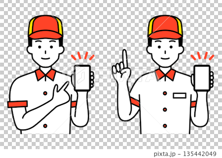 スマホの画面を見せるファストフード店の男性店員　セット 135442049