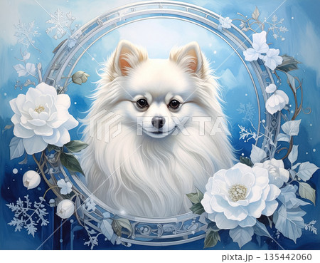 白いポメラニアンと冬の花飾り 135442060