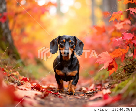 紅葉の小道を歩くミニチュアダックス 135442061