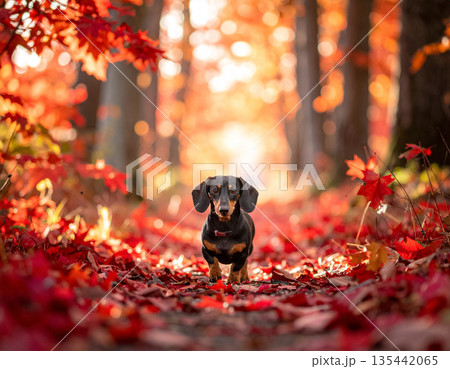 紅葉の森を歩くダックスフンドの秋 135442065