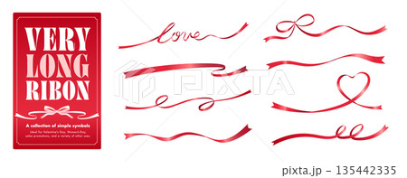 バレンタインの赤いハート型フレームや波打つ曲線の帯リボンループ、LOVEリボンセット 135442335