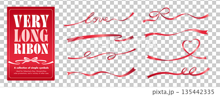 バレンタインの赤いハート型フレームや波打つ曲線の帯リボンループ、LOVEリボンセット 135442335