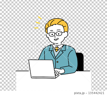 圖解：一位老年男性辦公室職員正在使用電腦 135442421