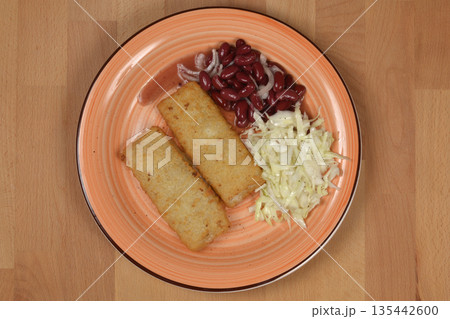 Fried Fish with Salad and Beans Fried Fish with Salad and Beans 135442600
