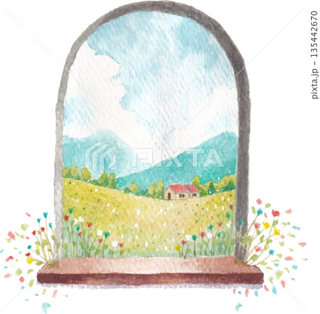 A window overlooking the mountains outside. 135442670