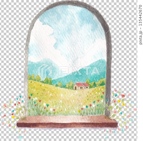 A window overlooking the mountains outside. 135442670