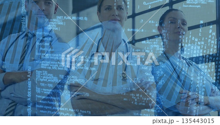Standing medical team scanning data overlays through grid window in hospital lab, with lab coats Standing medical team scanning data overlays through grid window in hospital lab, with lab coats 135443015