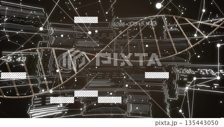 Winding glowing DNA double helix spiraling across virtual data network, with circuit board traces Winding glowing DNA double helix spiraling across virtual data network, with circuit board traces 135443050