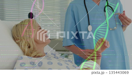 Gazing patient lying on hospital bed in hospital room, with stethoscope, DNA overlay, copy space 135443069