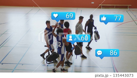 Walking six male athletes in jerseys carrying gym bags on basketball court, with reaction icons 135443073
