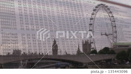 Showing London skyline with Westminster Bridge Big Ben Parliament Eye over Thames overlaid hex code Showing London skyline with Westminster Bridge Big Ben Parliament Eye over Thames overlaid hex code 135443096