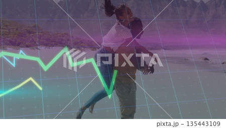 Man carrying woman on her back in waves at beach, with grid overlay, neon line graph Man carrying woman on her back in waves at beach, with grid overlay, neon line graph 135443109
