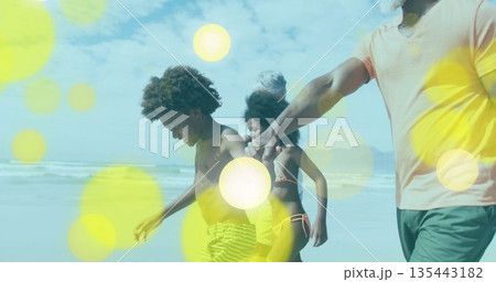Walking extended family holding hands along sandy beach shore, with soft light flares 135443182