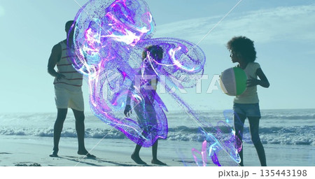 Walking family in swimwear carrying colorful beach ball along sandy beach, with purple-blue fluid Walking family in swimwear carrying colorful beach ball along sandy beach, with purple-blue fluid 135443198
