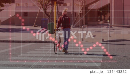 Walking man in red hoodie pushing bicycle across zebra-striped crosswalk, with red data overlay Walking man in red hoodie pushing bicycle across zebra-striped crosswalk, with red data overlay 135443282