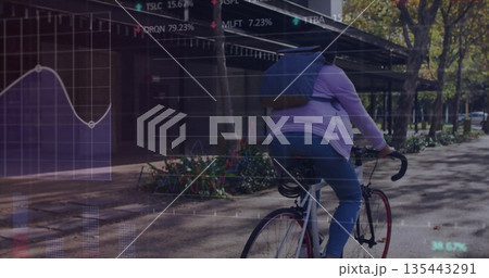 Pedaling woman in purple hoodie wearing helmet riding bike along city path, with financial graphs 135443291