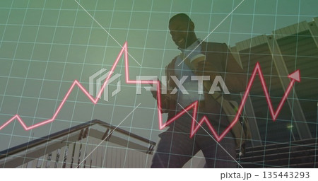 Descending businessman checking smartphone and holding cup on stairs with data overlay, copy space Descending businessman checking smartphone and holding cup on stairs with data overlay, copy space 135443293
