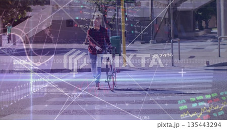 Walking male pushing bicycle across zebra-striped crosswalk, with financial charts and code overlay Walking male pushing bicycle across zebra-striped crosswalk, with financial charts and code overlay 135443294