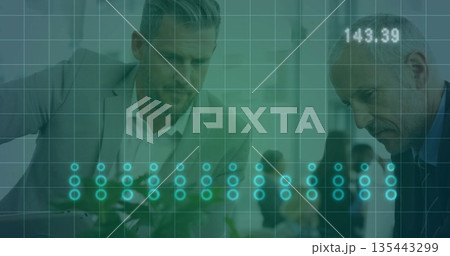 Leaning businessmen pointing chessboard positions at office table, with grid overlay showing 143 Leaning businessmen pointing chessboard positions at office table, with grid overlay showing 143 135443299