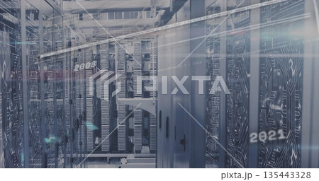 Displaying digital overlays floating above aisle in data center, with server racks and cable trays 135443328