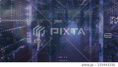 Displaying data center corridor, with server cabinets, LED lights and digital world map overlay 135443330