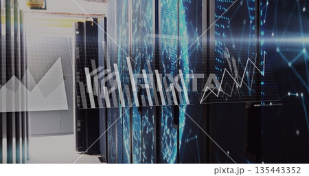 Displaying server cabinets running blue LEDs in data center aisle, with chart overlays, yellow rail 135443352
