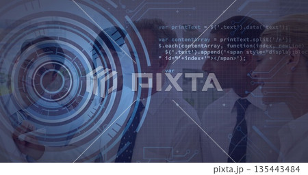 Discussing data, five executives in suits pointing at hologram in boardroom, with tablet device Discussing data, five executives in suits pointing at hologram in boardroom, with tablet device 135443484