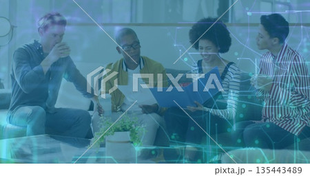 Discussing ideas, four coworkers holding mugs and documents in office lounge, with circuit graphics Discussing ideas, four coworkers holding mugs and documents in office lounge, with circuit graphics 135443489
