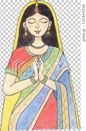 Watercolor painting of a woman wearing Indian attire. 135443556