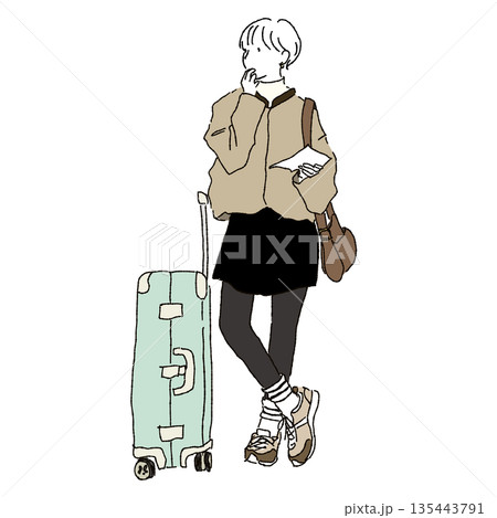 スーツケースを持って歩く女性のファッションイラスト 旅行シーンの大人カジュアルコーデ スーツケースを持って歩く女性のファッションイラスト 旅行シーンの大人カジュアルコーデ 135443791