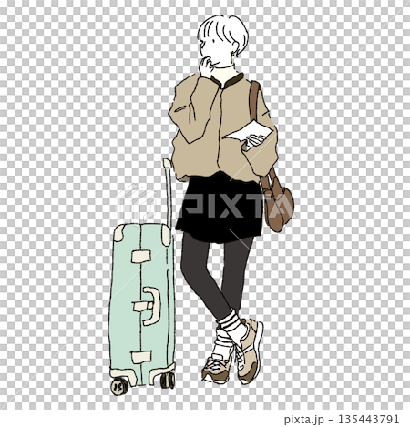 スーツケースを持って歩く女性のファッションイラスト 旅行シーンの大人カジュアルコーデ スーツケースを持って歩く女性のファッションイラスト 旅行シーンの大人カジュアルコーデ 135443791