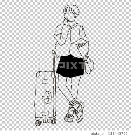 Monochrome line fashion illustration: Travel style of a woman with a suitcase 135443792