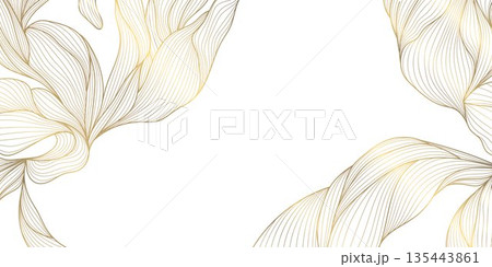 Vector gold floral pattern, elegant line art flowers and leaves, luxury background. Modern design border, frame, wedding cards, branding and decorative template. Vector gold floral pattern, elegant line art flowers and leaves, luxury background. Modern design border, frame, wedding cards, branding and decorative template. 135443861