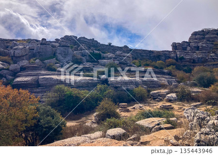 A mystical morning walk through the rocky landscapes of Torcal de Antequera in Andalusia, Spain, as soft mist drifts under the gentle rays of the sun. A mystical morning walk through the rocky landscapes of Torcal de Antequera in Andalusia, Spain, as soft mist drifts under the gentle rays of the sun. 135443946