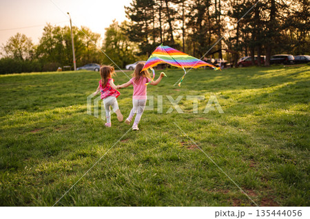 Joyful children flying a colorful kite on a sunny afternoon 135444056