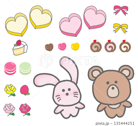 バレンタインデーにクマとうさぎのぬいぐるみとお菓子とチョコとリボン箱 135444251