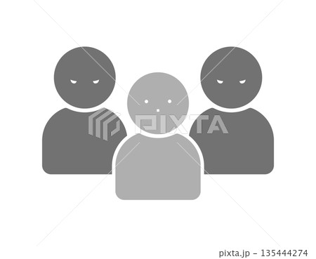 怖い顔の人物が背後で睨む3人組のアイコン - ひとりの被害者と二人の加害者や犯人のイメージのイラスト 怖い顔の人物が背後で睨む3人組のアイコン - ひとりの被害者と二人の加害者や犯人のイメージのイラスト 135444274