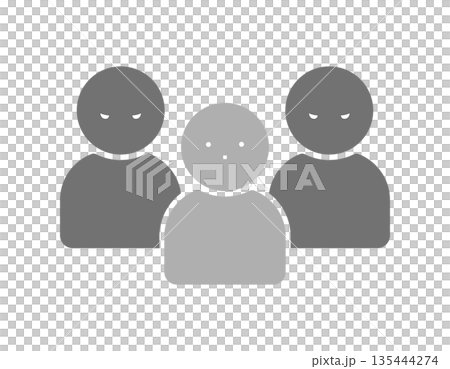 怖い顔の人物が背後で睨む3人組のアイコン - ひとりの被害者と二人の加害者や犯人のイメージのイラスト 怖い顔の人物が背後で睨む3人組のアイコン - ひとりの被害者と二人の加害者や犯人のイメージのイラスト 135444274