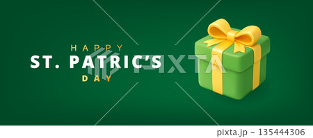 St. Patricks Day banner with green gift box on festive dark green background 135444306